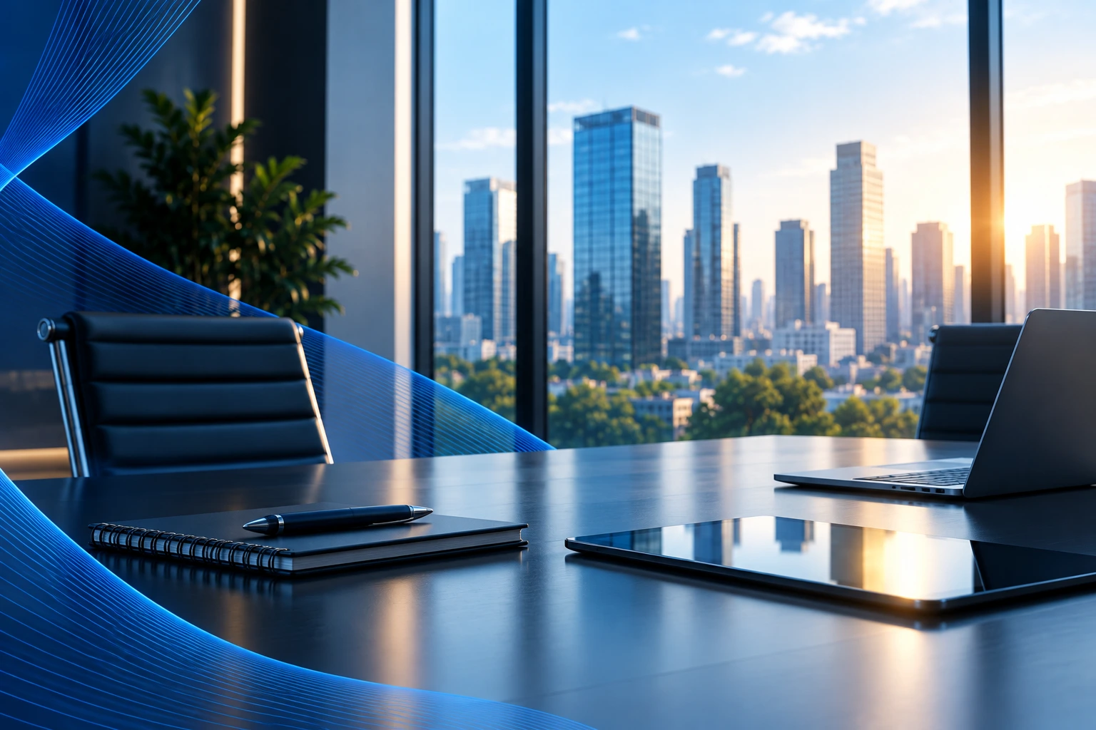 Sala de reuniões com notebook e tablet diante de uma cidade ao pôr do sol